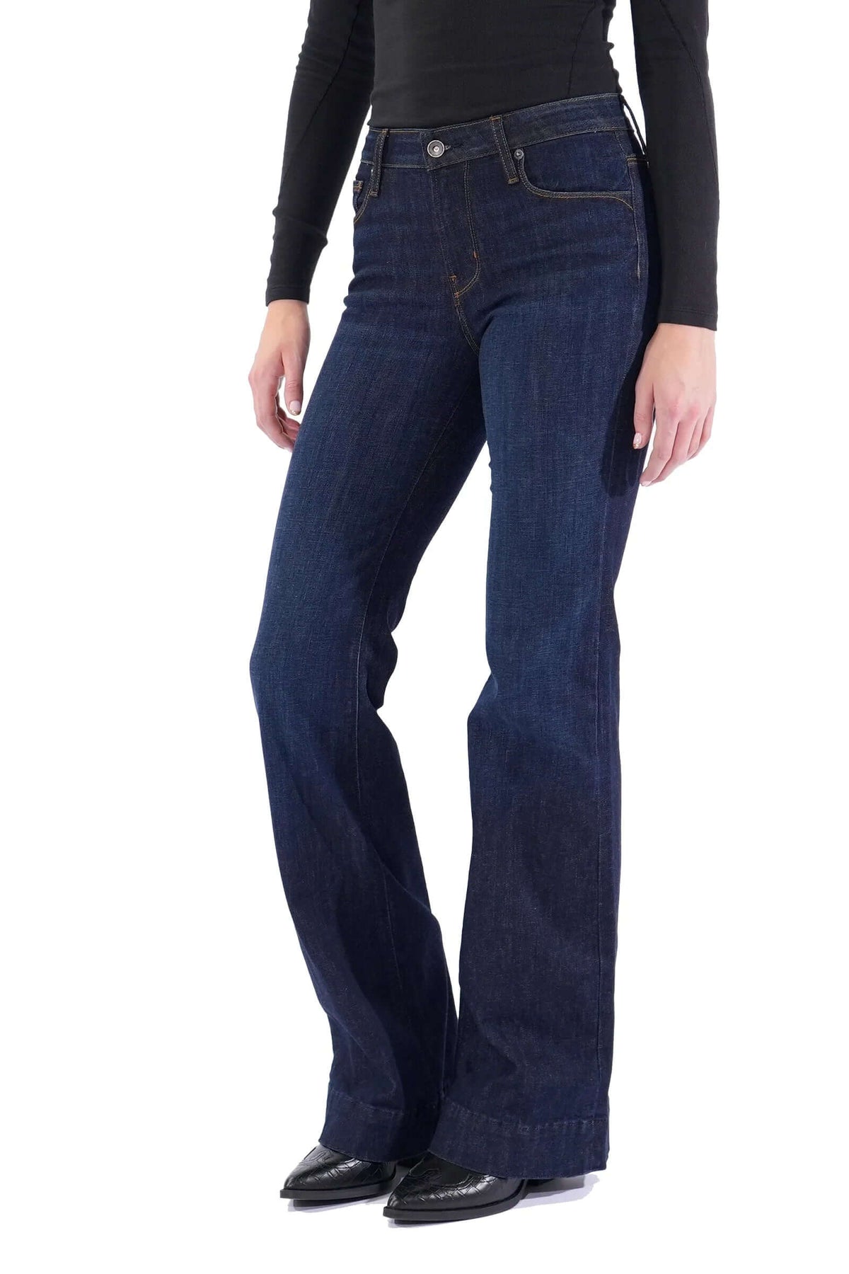 Haala Denim Bella flare jeans in deep ocean blue with gold accents, featuring a stylish wide-leg design and classic denim texture.