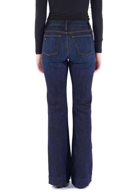 Haala Denim Bella flare jeans in deep ocean blue with gold accents, showcasing stylish bottoms and trendy denim design.