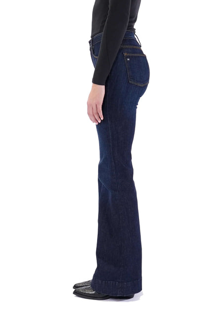 Haala Denim Bella flare jeans in deep ocean blue with gold accents, showcasing stylish bottoms with a high-waist fit.