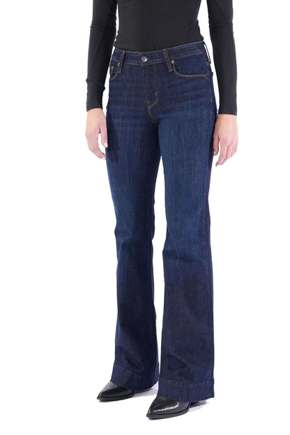 Haala Denim Bella flare trousers in deep ocean denim with gold accents, showcasing stylish bottoms with a flared design.