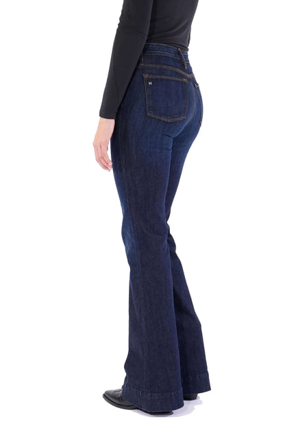 Haala Denim Bella flare jeans in deep ocean blue with gold accents, showcasing the stylish bottoms and relaxed fit.