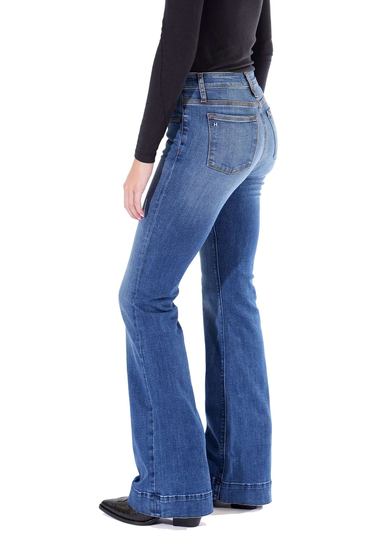 Haala Denim Bella flare jeans in indigo stone with gold accents, showcasing stylish denim bottoms with a flared cut.