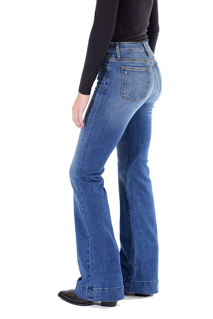 Haala Denim Bella flare jeans in indigo stone with gold accents, showcasing stylish denim bottoms with a flared cut.