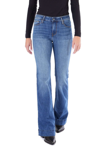 Haala Denim Bella flare trousers in indigo stone with gold accents, showcasing stylish denim bottoms with a flared design.