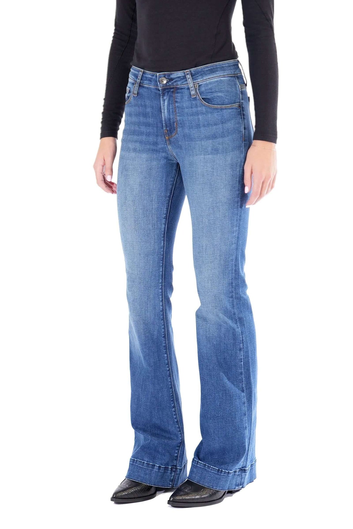 Haala Denim Bella flare jeans in indigo stone with gold combo, showing the stylish bottoms with a flared silhouette.