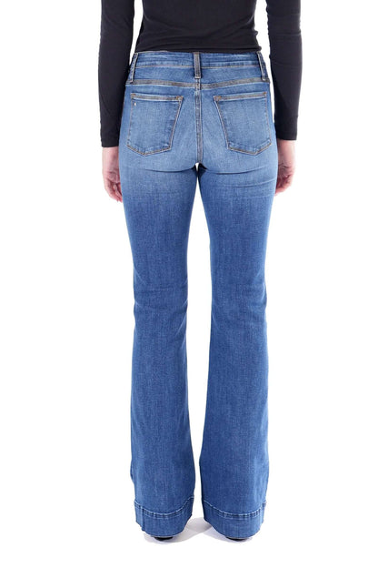 Haala Denim Bella flare trousers in indigo stone with gold accents, showcasing stylish denim bottoms with a flared fit.