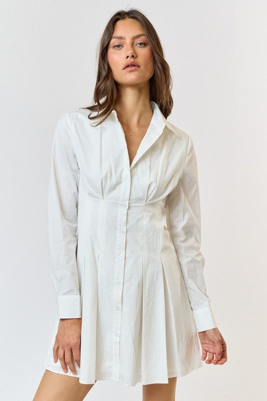 Collared Pintuck Corset Shirt Dress