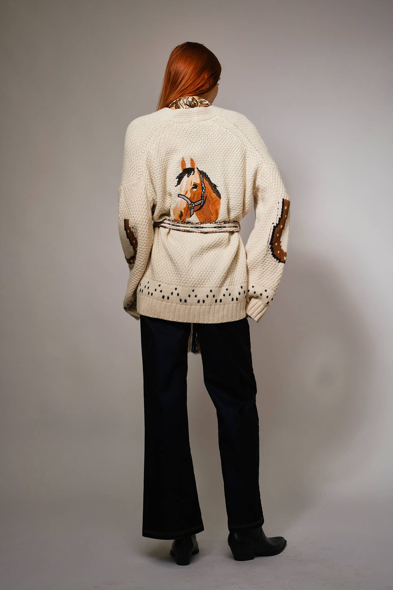 Western Horse Belted Cardigan Sweater