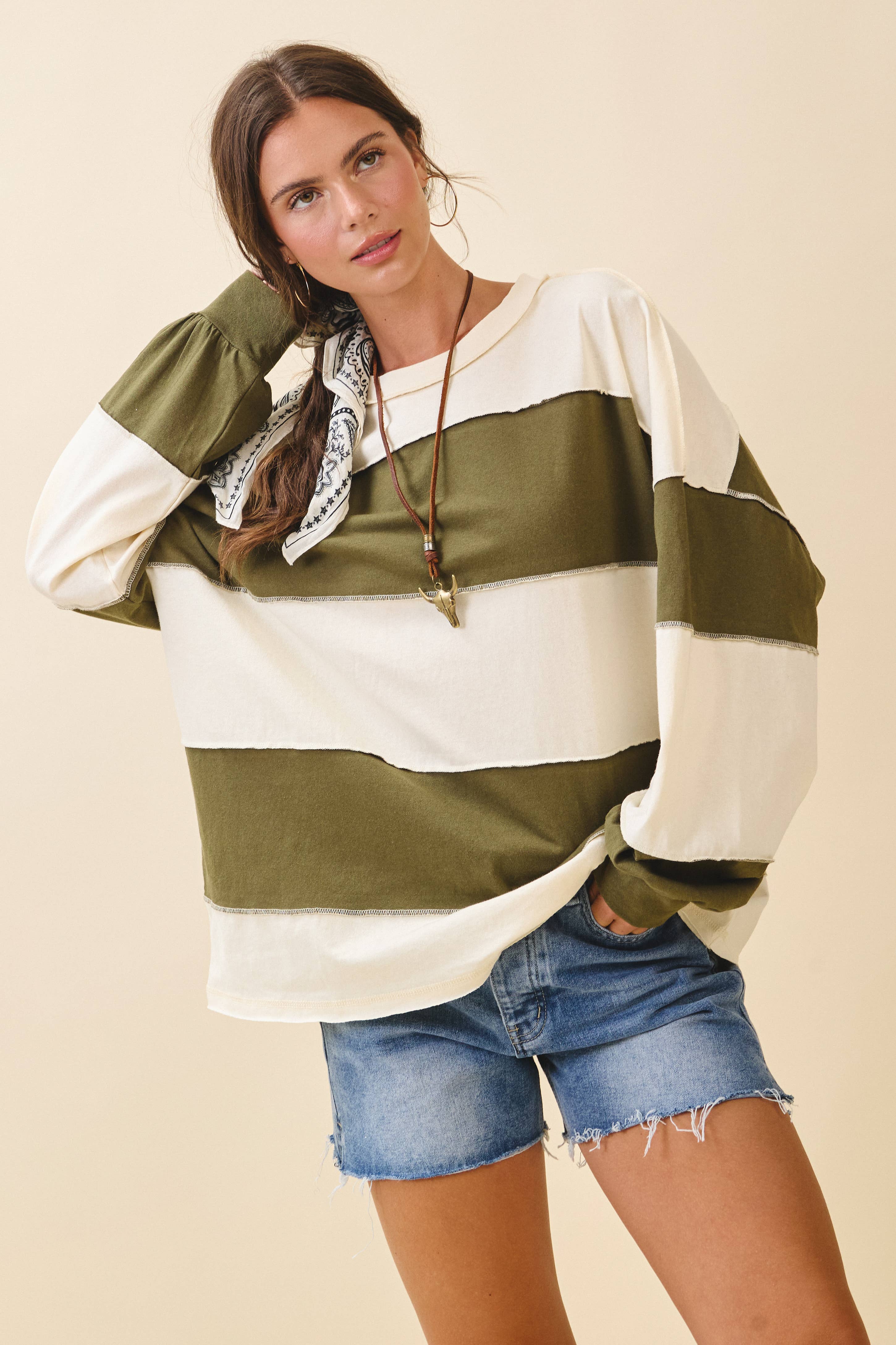 Contrast Panel Long Sleeve Slouchy Top