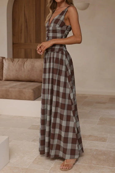 Brown Plaid Ruched Bodice Maxi Dress