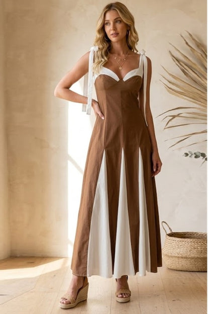 Brown and ivory contrast tie-shoulder maxi dress by Sunday Up, featuring a flowing silhouette and elegant design.