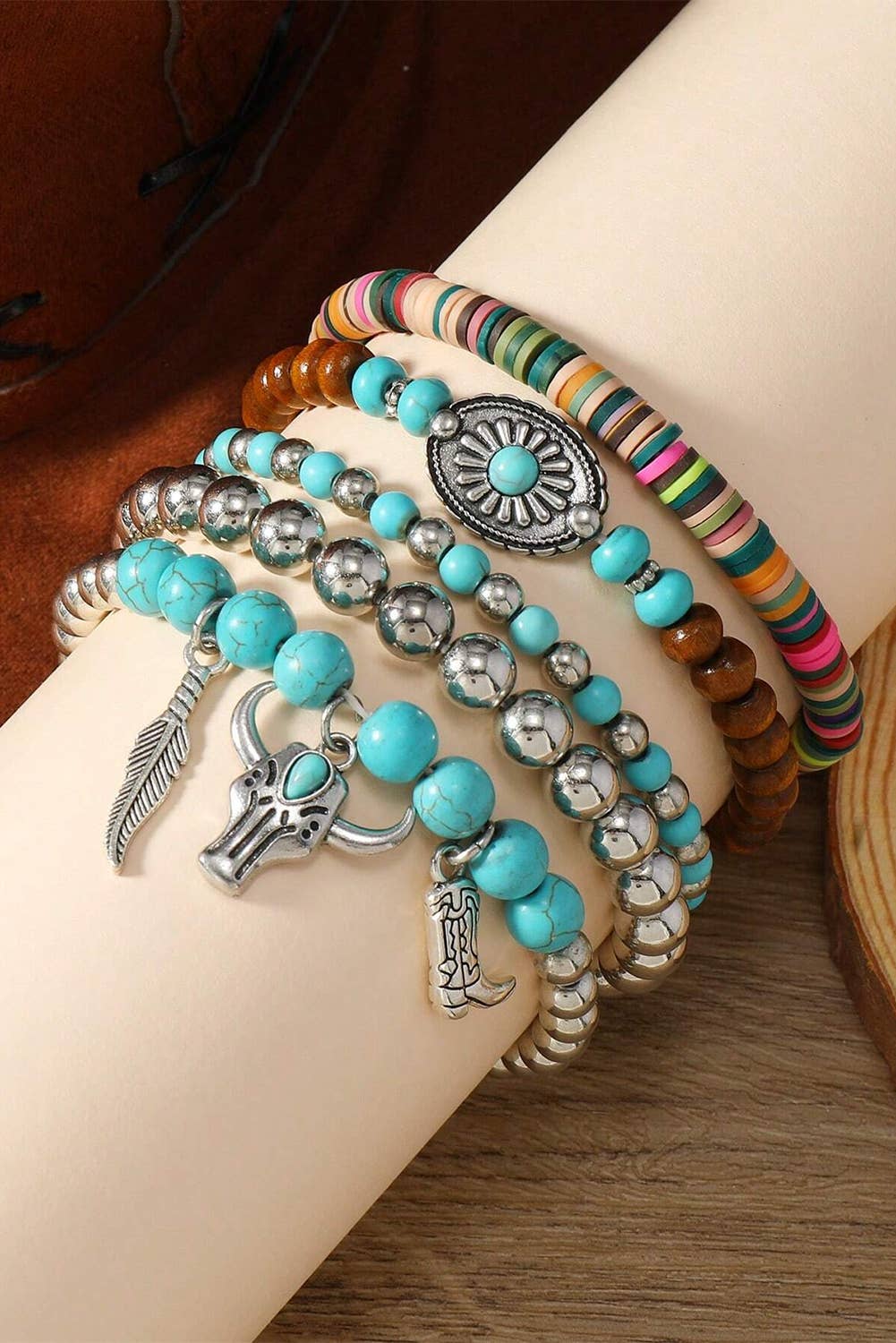 Western Pattern Turquoise Beaded Multi Layer Bracelet Set