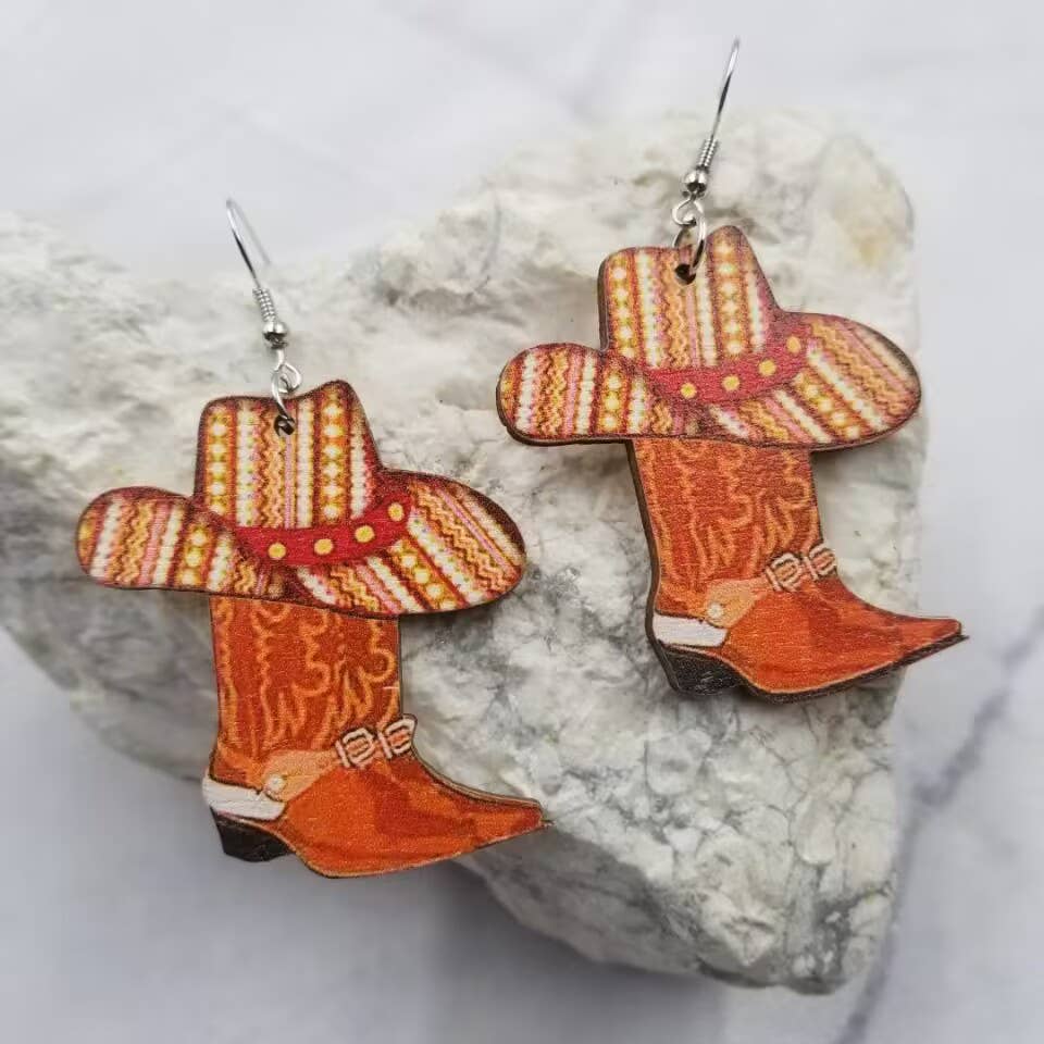 Wood Cowgirl Hat Boot Earrings