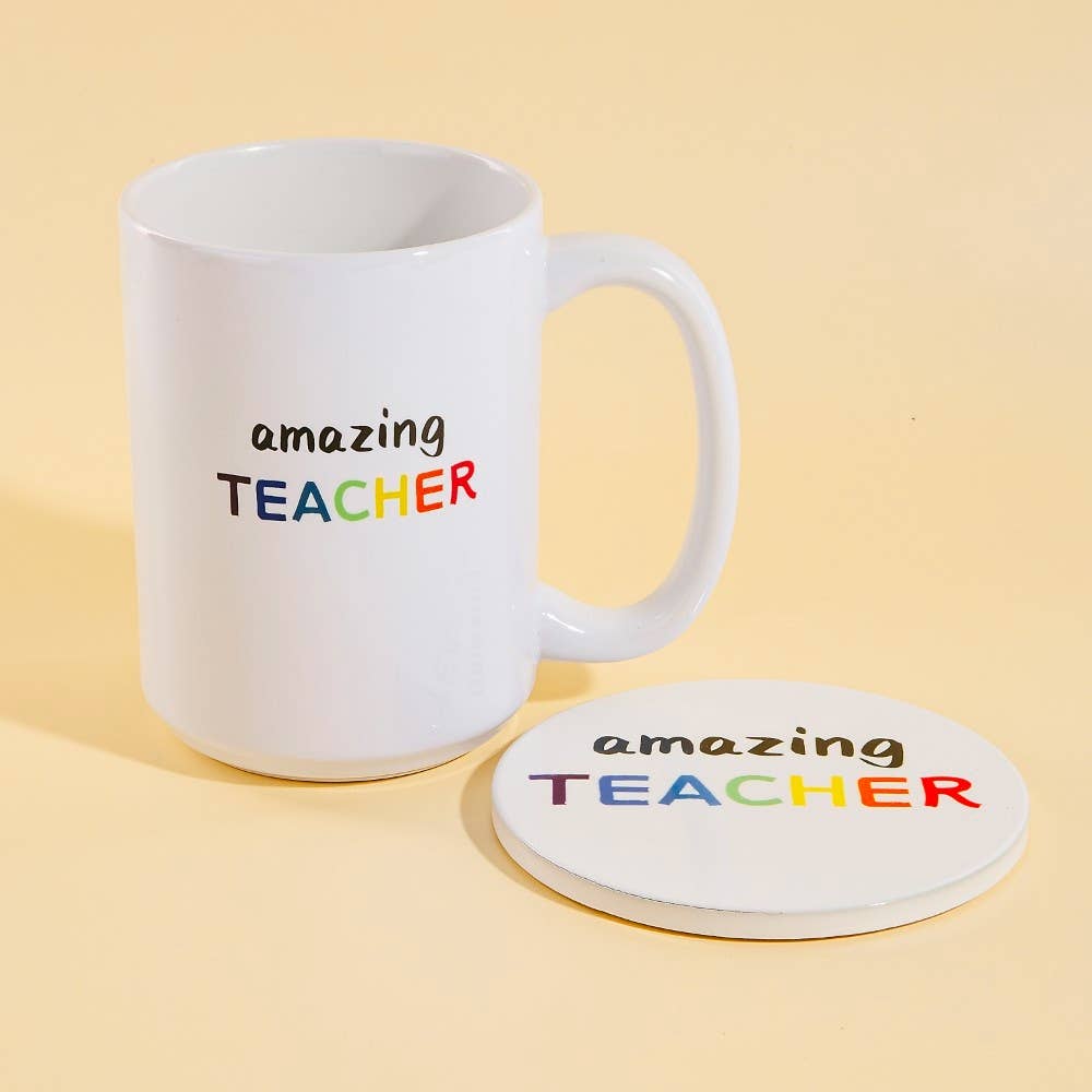 Anarchy Street Amazing Teacher 15 oz mug with matching coaster set, featuring a decorative design for teachers and gift-giving.