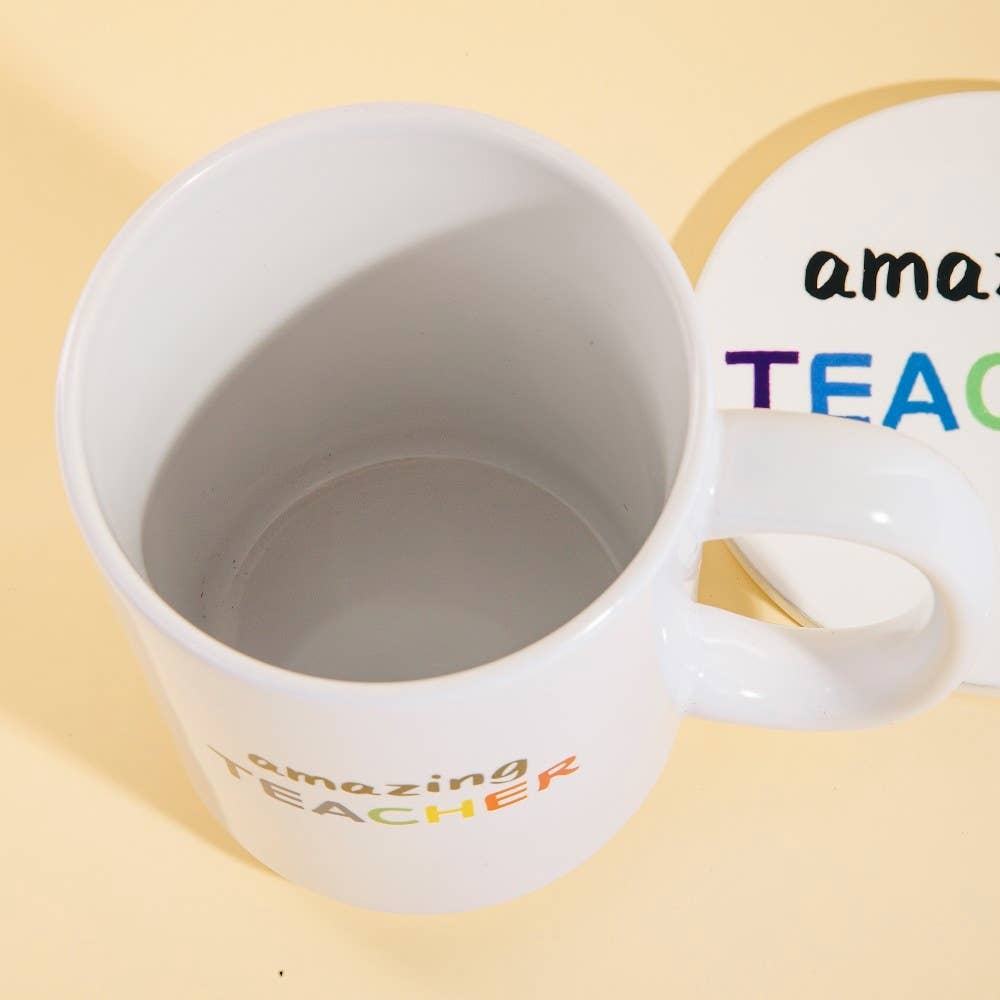 Anarchy Street Amazing Teacher 15 oz ceramic mug with matching coaster set, perfect for gifting or home use.