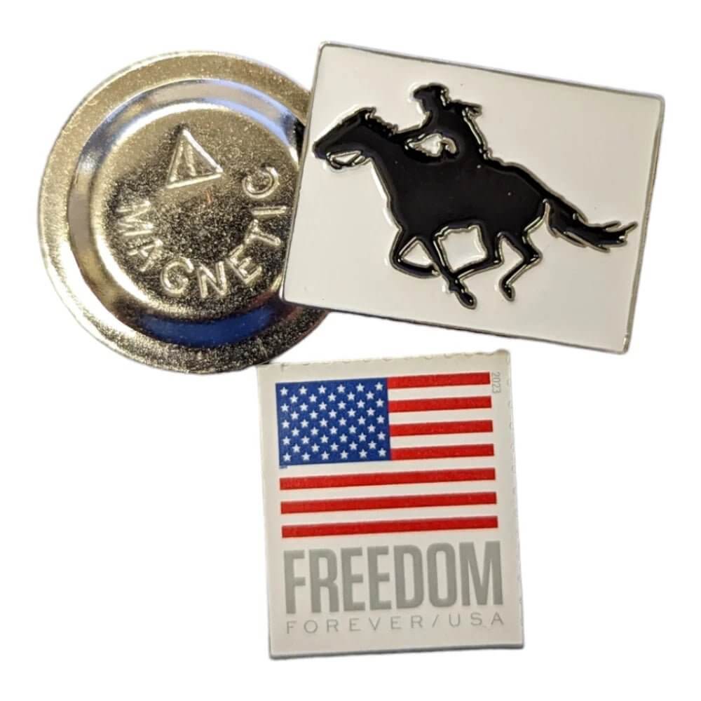 American Hat Maker riding cowgirl magnetic hat pin, decorative accessory for cowboy hats with detailed design.