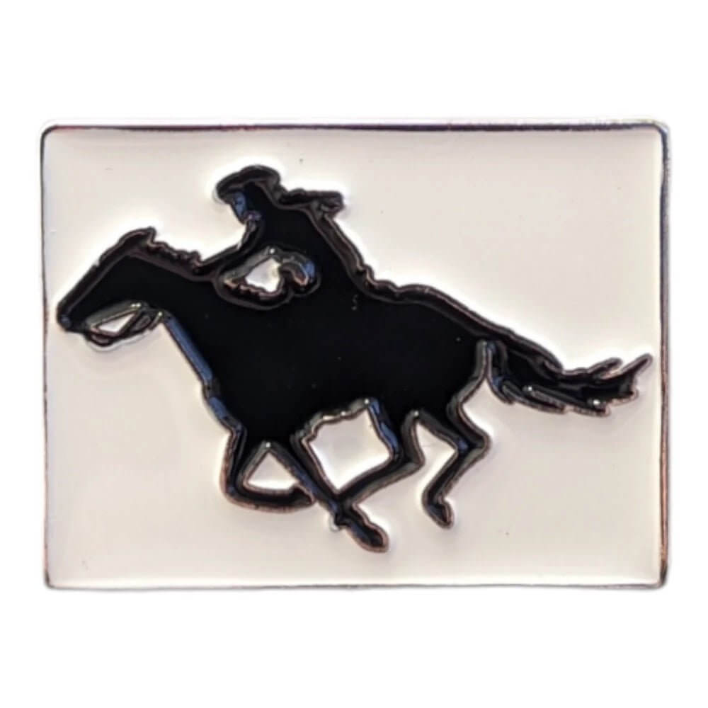 American Hat Maker riding cowgirl magnetic hat pin attached to a cowboy hat, featuring Western-themed design and metal finish.