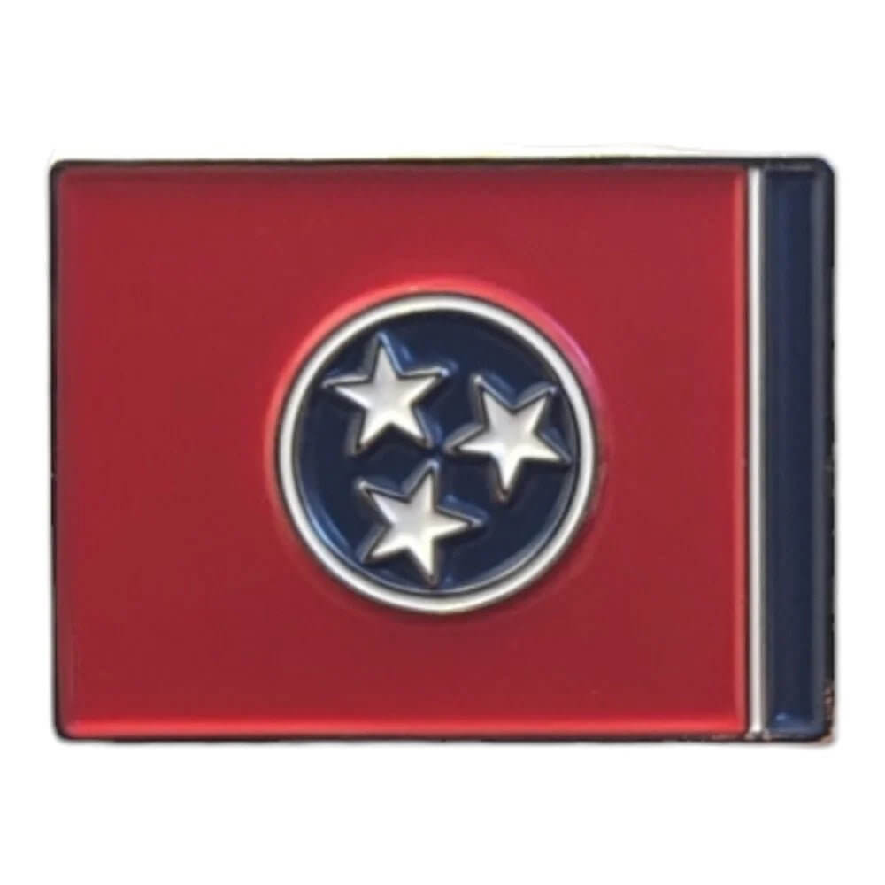 American Hat Maker Tennessee State Flag magnetic hat pin attached to a hat, showcasing vibrant colors and detailed design.