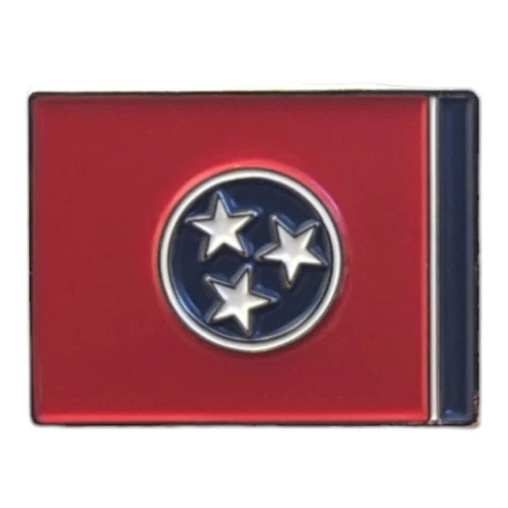 American Hat Maker Tennessee State Flag magnetic hat pin attached to a hat, showcasing vibrant colors and detailed design.
