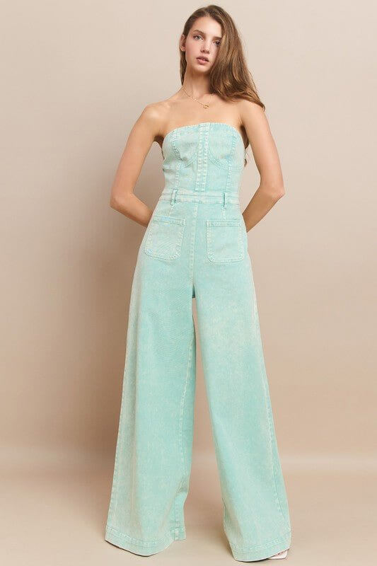 Aqua Dream Tube Denim Jumpsuit – Wide Leg Mineral Wash Style - Cowgirl Charm