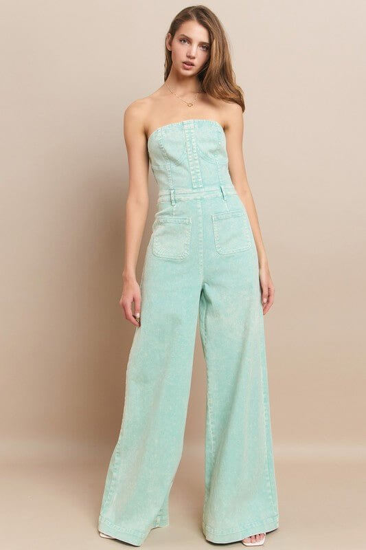 Aqua Dream Tube Denim Jumpsuit – Wide Leg Mineral Wash Style - Cowgirl Charm