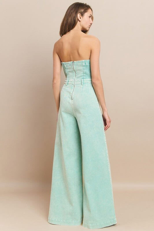 Aqua Dream Tube Denim Jumpsuit – Wide Leg Mineral Wash Style - Cowgirl Charm