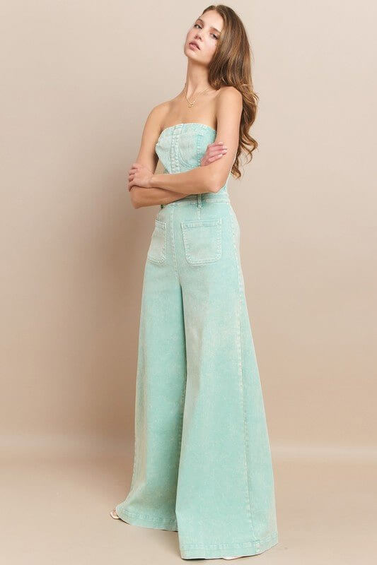 Aqua Dream Tube Denim Jumpsuit – Wide Leg Mineral Wash Style - Cowgirl Charm