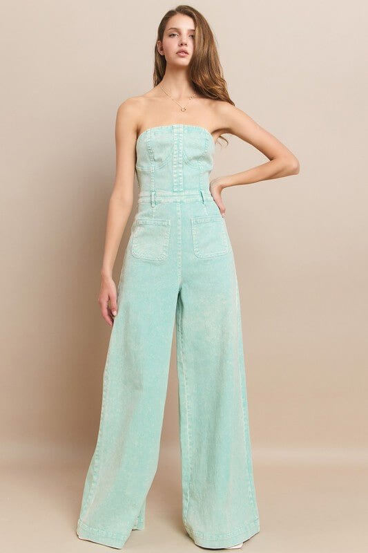 Aqua Dream Tube Denim Jumpsuit – Wide Leg Mineral Wash Style - Cowgirl Charm
