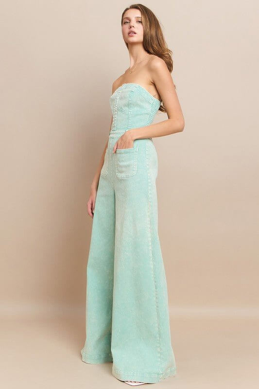 Aqua Dream Tube Denim Jumpsuit – Wide Leg Mineral Wash Style - Cowgirl Charm