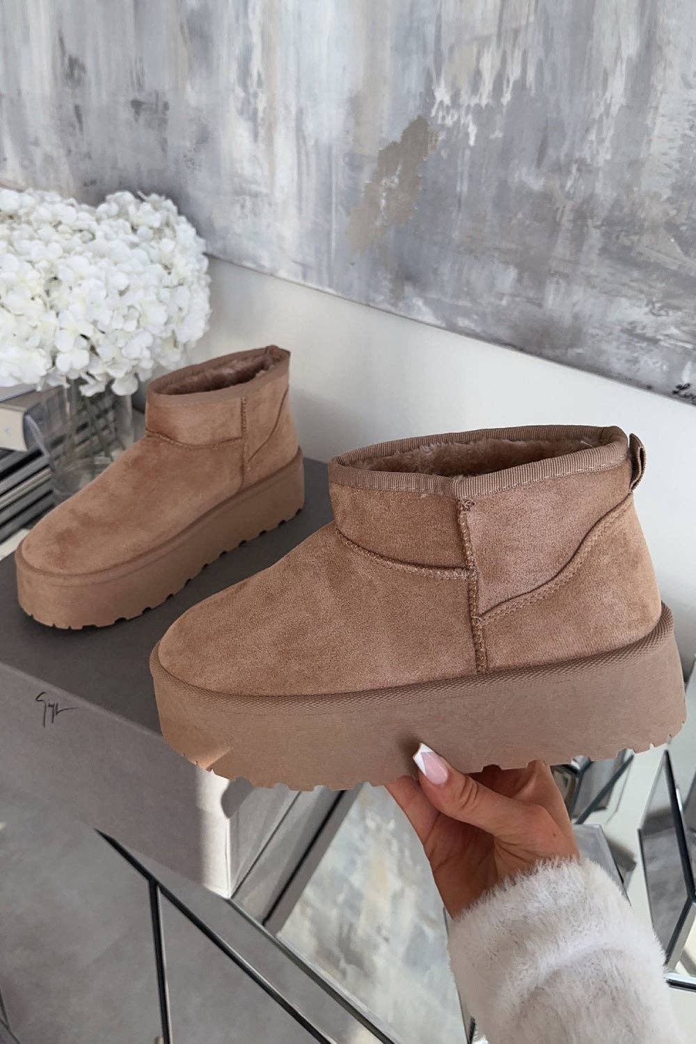 Camel Faux Fur Lined Ultra Mini Platform Women's Ankle Boots