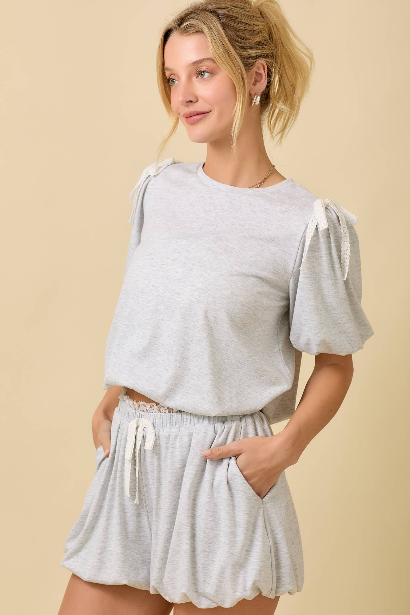 Bubble Hem Shorts With Lace Ruffle