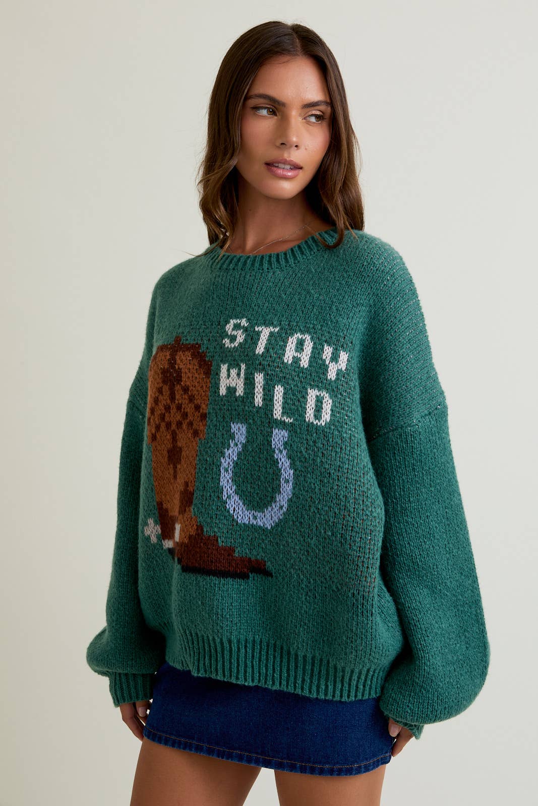 LONG SLEEVE CREW NECK COWGIRL WILD GRAPHIC SWEATER