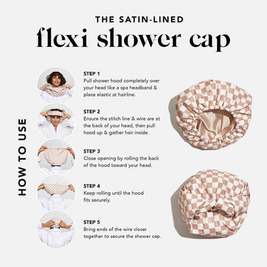 KITSCH satin-lined terracotta checker flexi shower cap with adjustable elastic band and waterproof fabric for hair protection