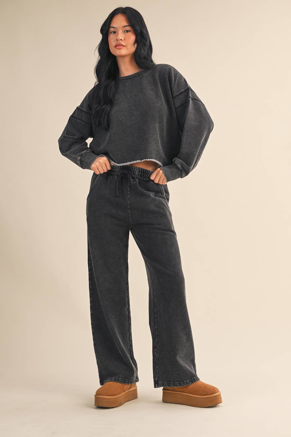 Denim Wash Cutout Back Layering Fleece-Lined Sweatshirt