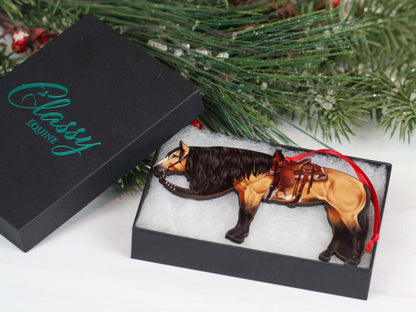 Buckskin Western Paint Horse ornament from Classy Equine, featuring detailed paint horse design for Christmas decoration.