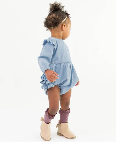 Baby Girls Light Wash Long Sleeve Flutter Bubble Romper - Cowgirl Charm