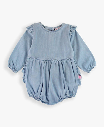 Baby girl wearing a light wash long sleeve flutter bubble romper by RuffleButts + RuggedButts, suitable for kids and baby girls.