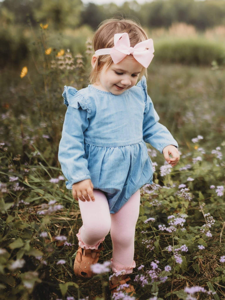 Baby Girls Light Wash Long Sleeve Flutter Bubble Romper - Cowgirl Charm