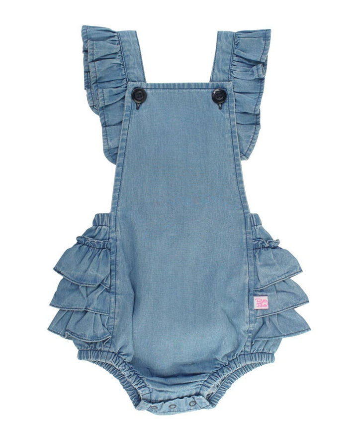 Baby Girls Light Wash Woven Flutter Overall Romper - Cowgirl Charm