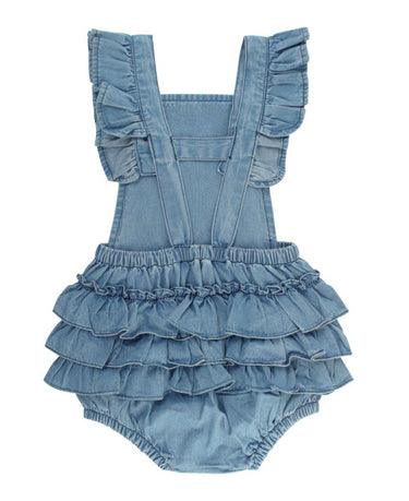 Baby Girls Light Wash Woven Flutter Overall Romper - Cowgirl Charm