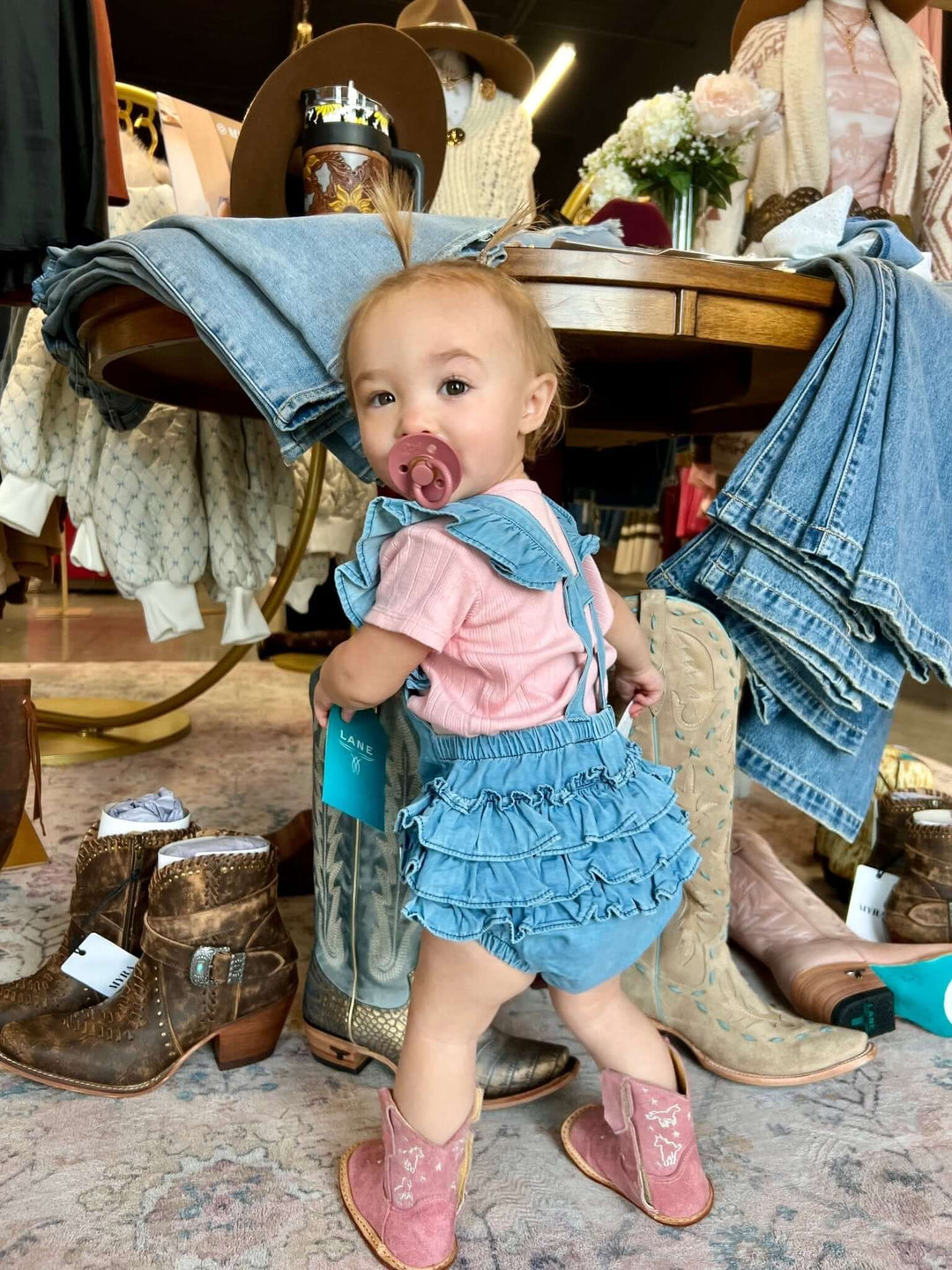 Baby Girls Light Wash Woven Flutter Overall Romper - Cowgirl Charm