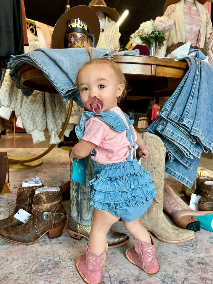 Baby Girls Light Wash Woven Flutter Overall Romper - Cowgirl Charm