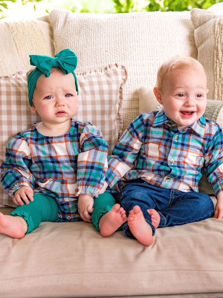 Baby Girls Peyton Plaid Woven Long Sleeve Bubble Romper - Cowgirl Charm