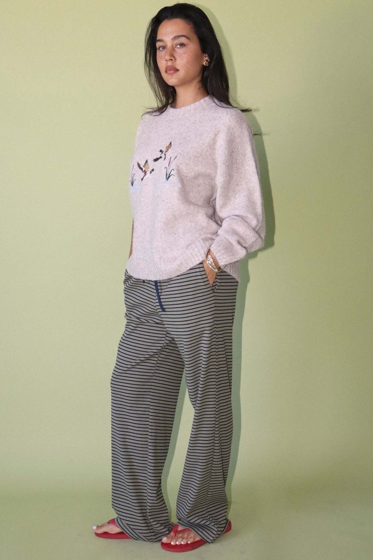 Bailey Rose embroidered duck knit sweater featuring colorful duck embroidery on soft knit fabric.