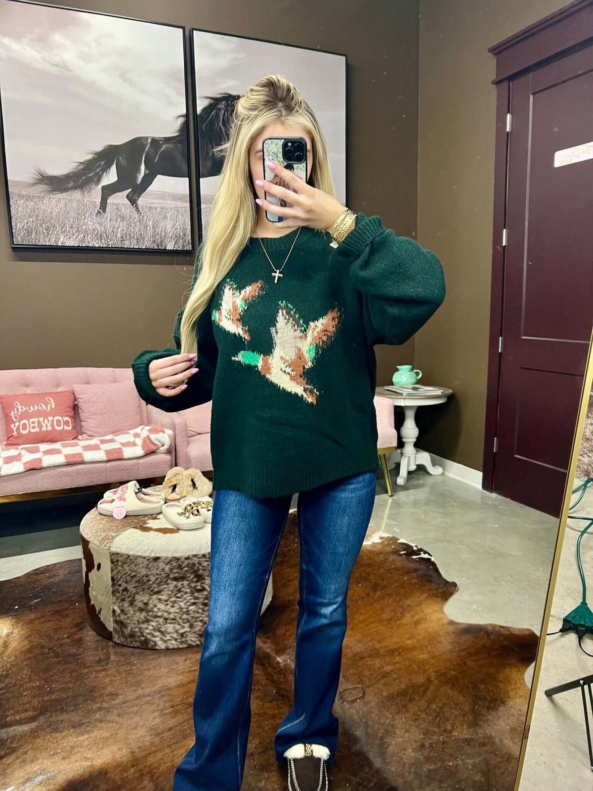 Bailey Rose flying duck knit sweater, short sleeve sweater with colorful duck pattern, casual and cozy for women.