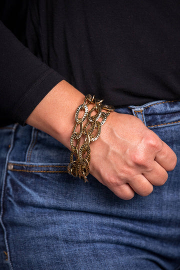 Hammered Gold Three Strand Chain Toggle Clasp Bracelet