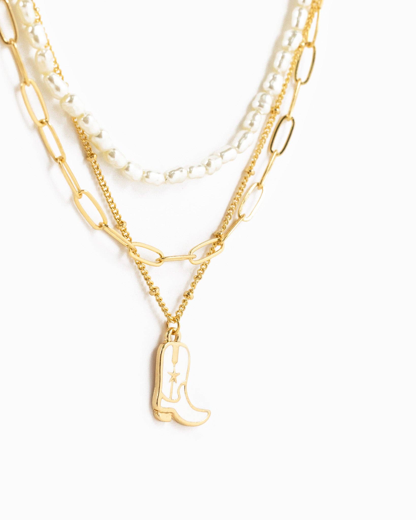 White Cowboy Boot Pendant with Pearl Bead Layered Necklace