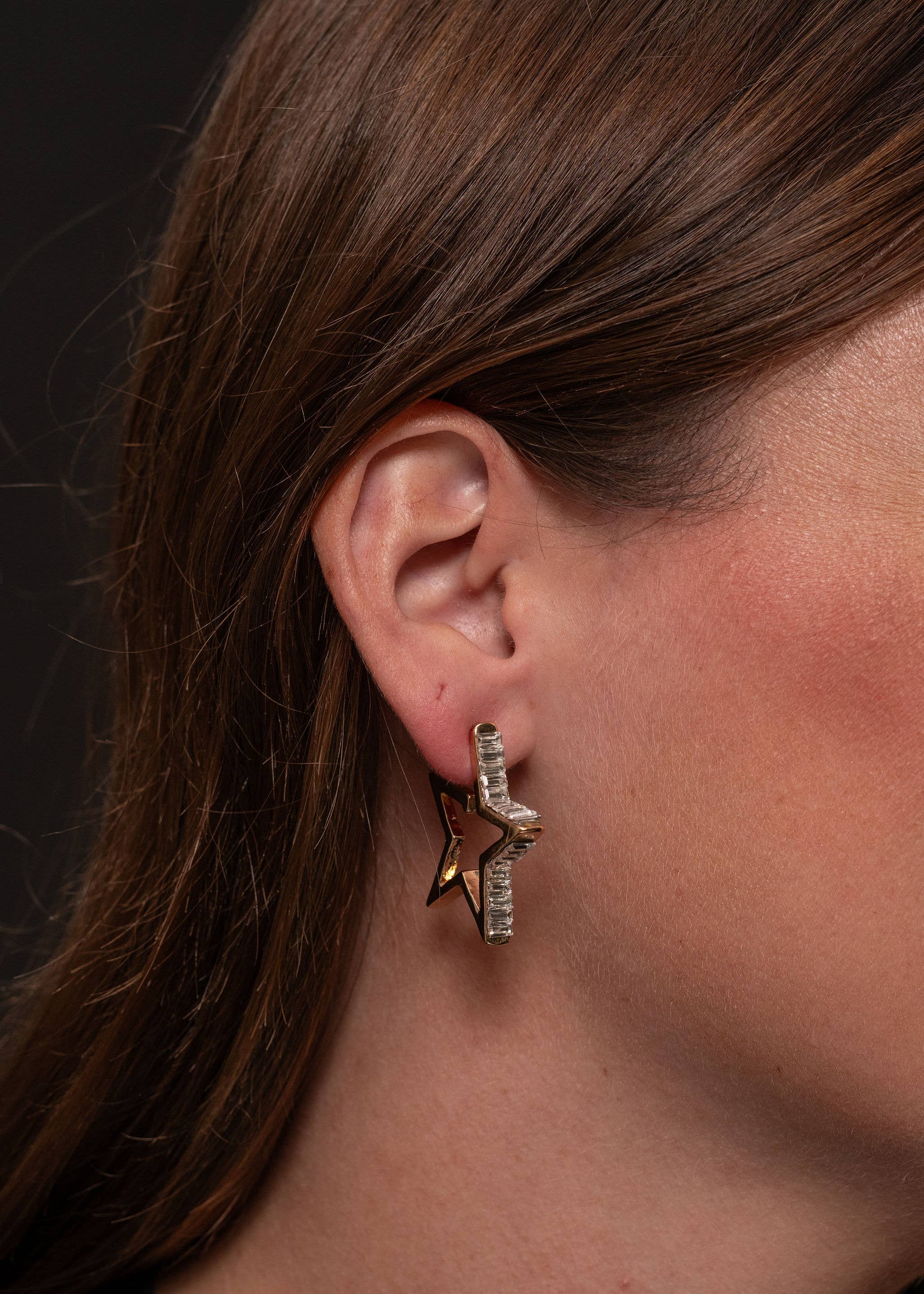 1.5" Gold Star Hoop Earring with Rhinestone Baguette Accents