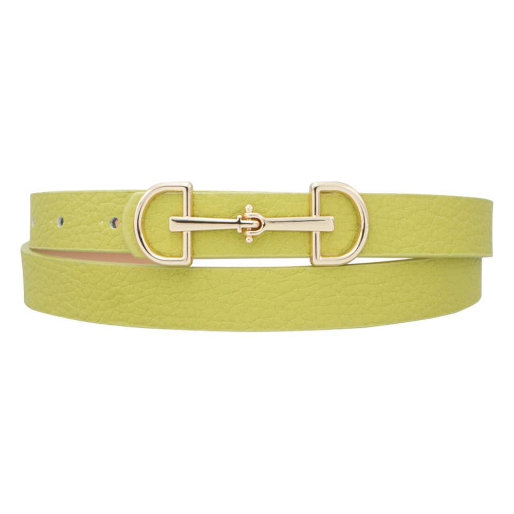 Slim women's belt by anbfashion with a D-ring horse bit buckle, made from leather, designed as a stylish accessories belt.