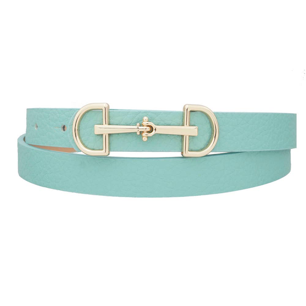 Best Lux D Ring horse bit buckle skinny women's belt from anbfashion, featuring a sleek leather strap and metal D ring buckle.
